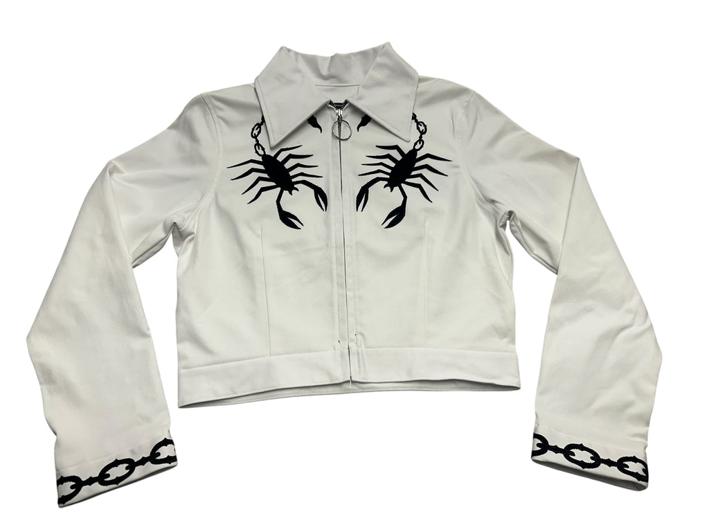 White Denim Chain Tail Scorpion and Fringe Jacket