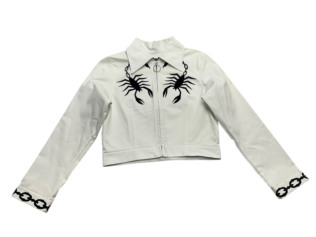 White Denim Chain Tail Scorpion and Fringe Jacket