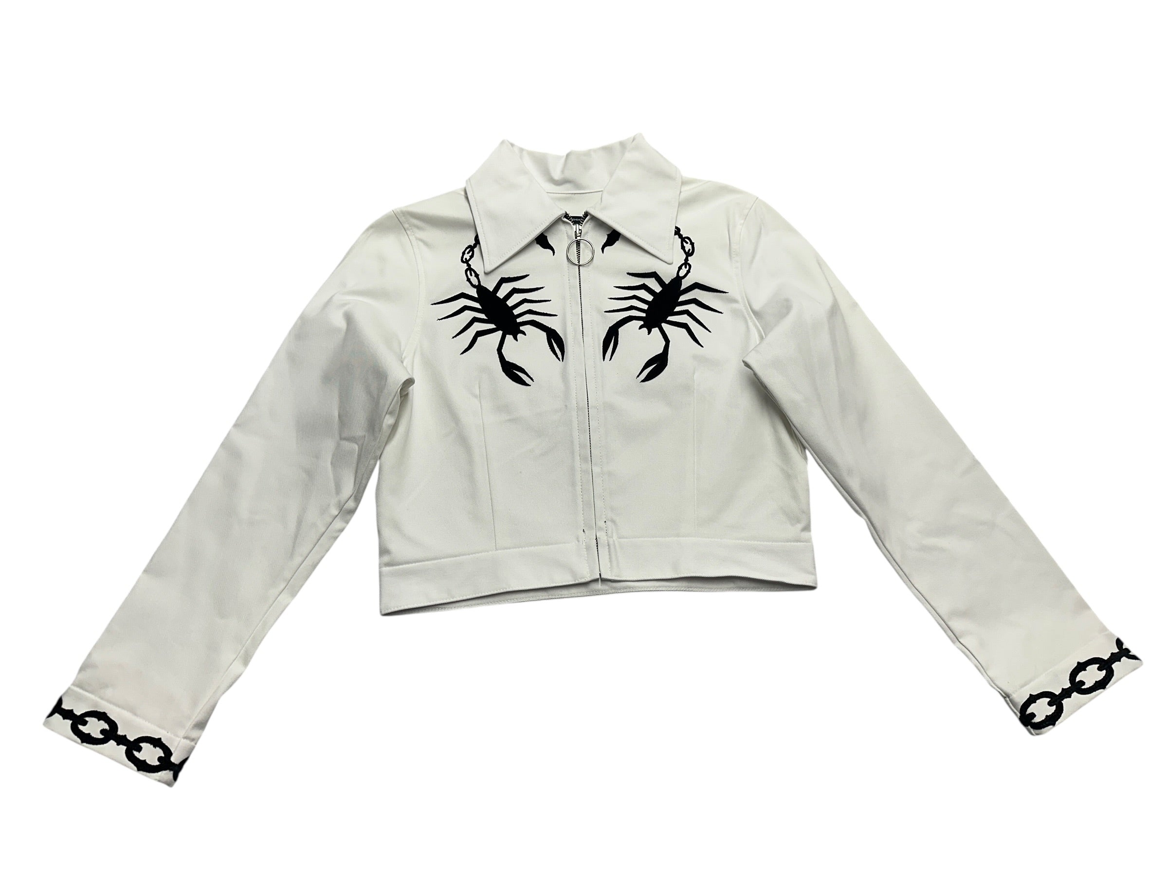 White Denim Chain Tail Scorpion and Fringe Jacket