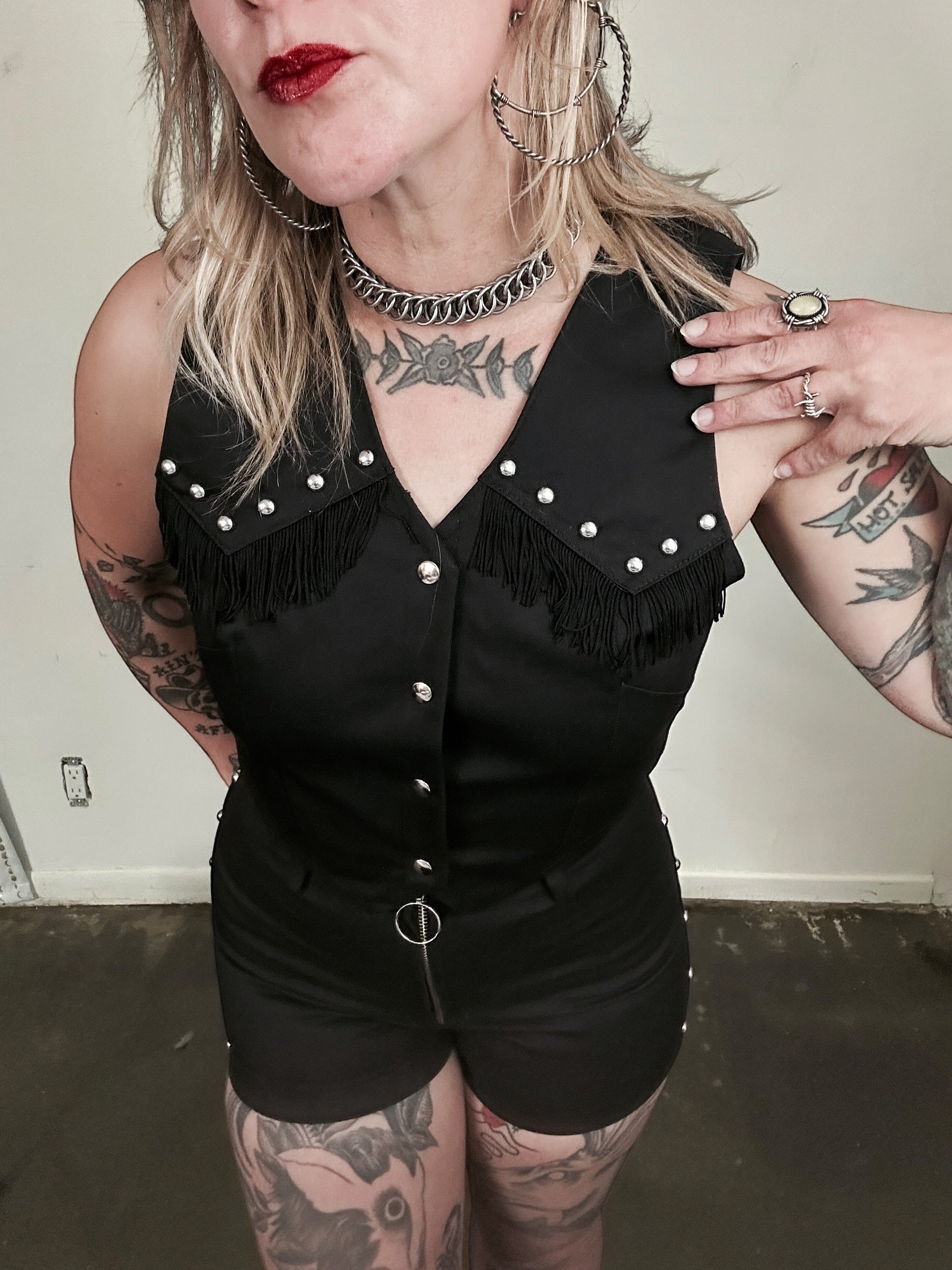 Black Denim Fringe Studded Vest