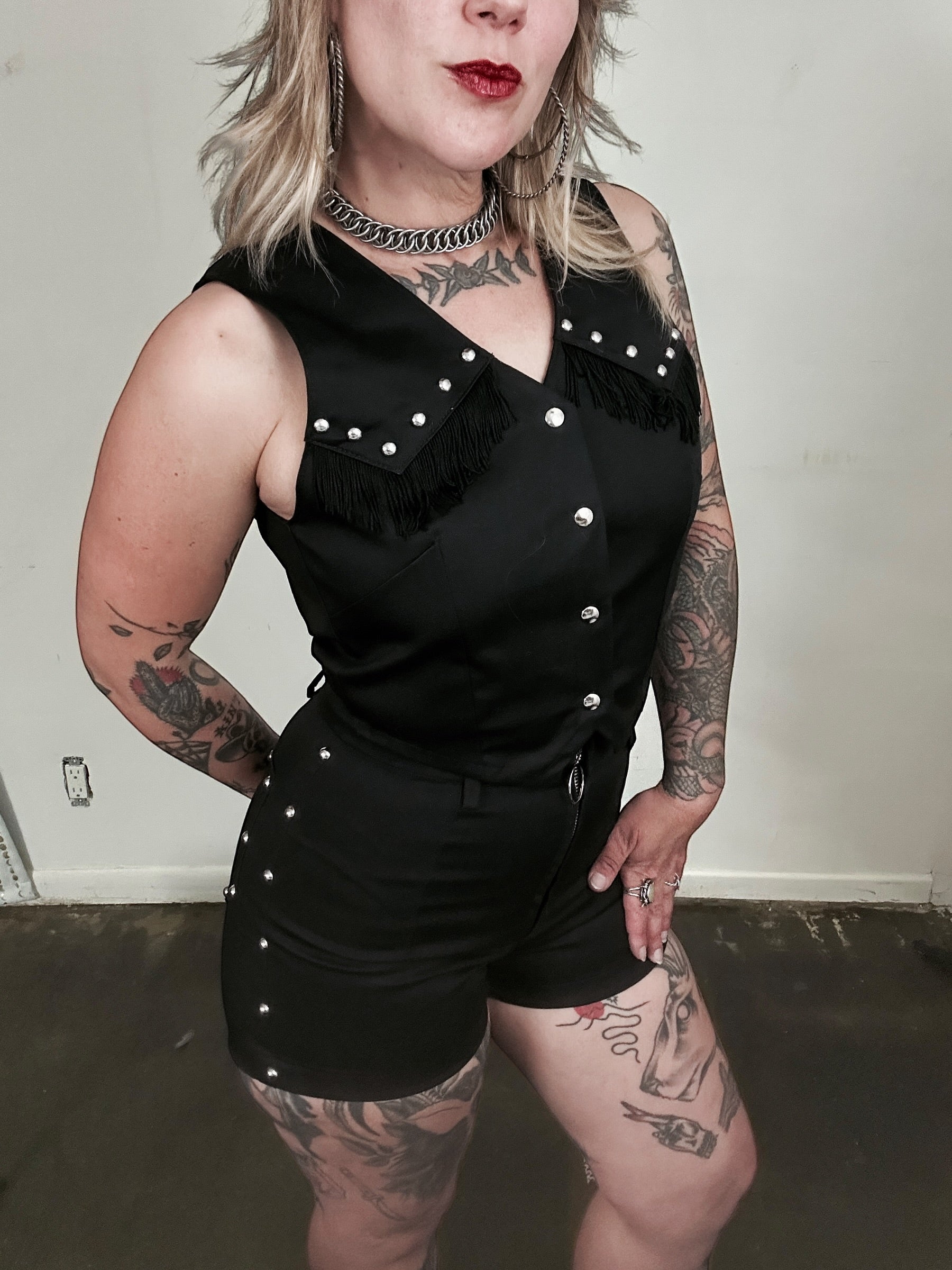 Black Denim Fringe Studded Vest