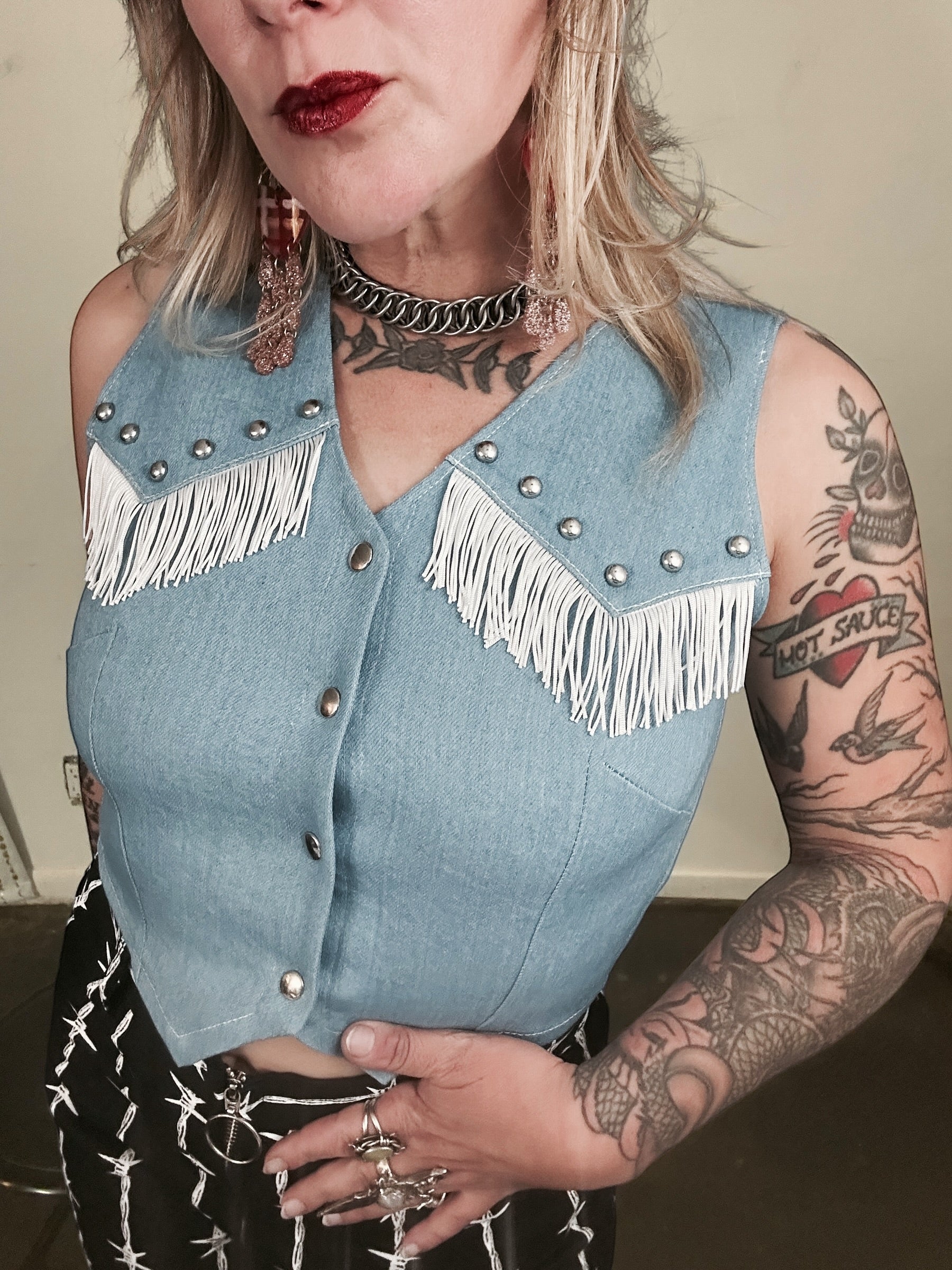 Blue Denim Fringe Studded Vest
