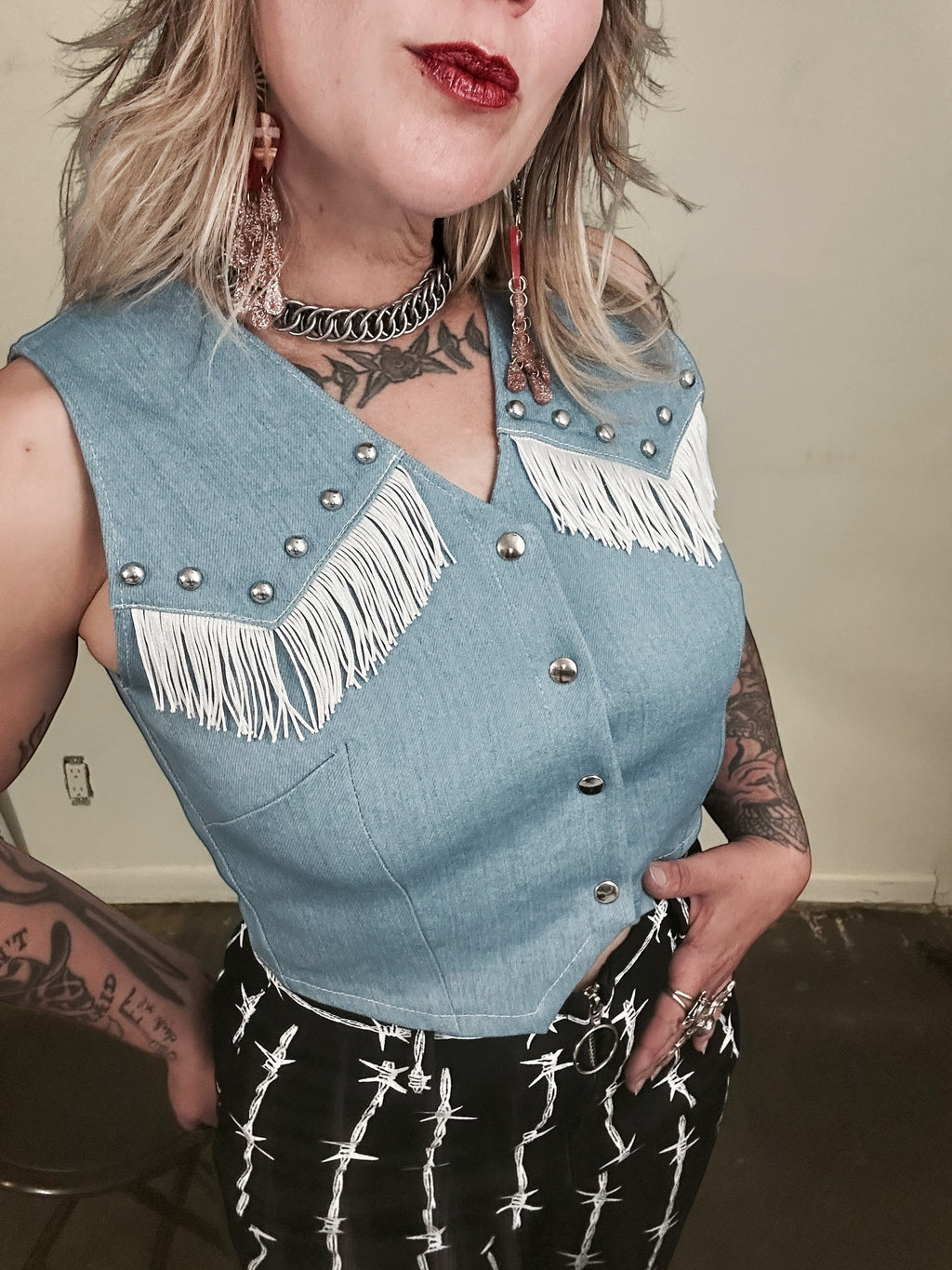 Blue Denim Fringe Studded Vest