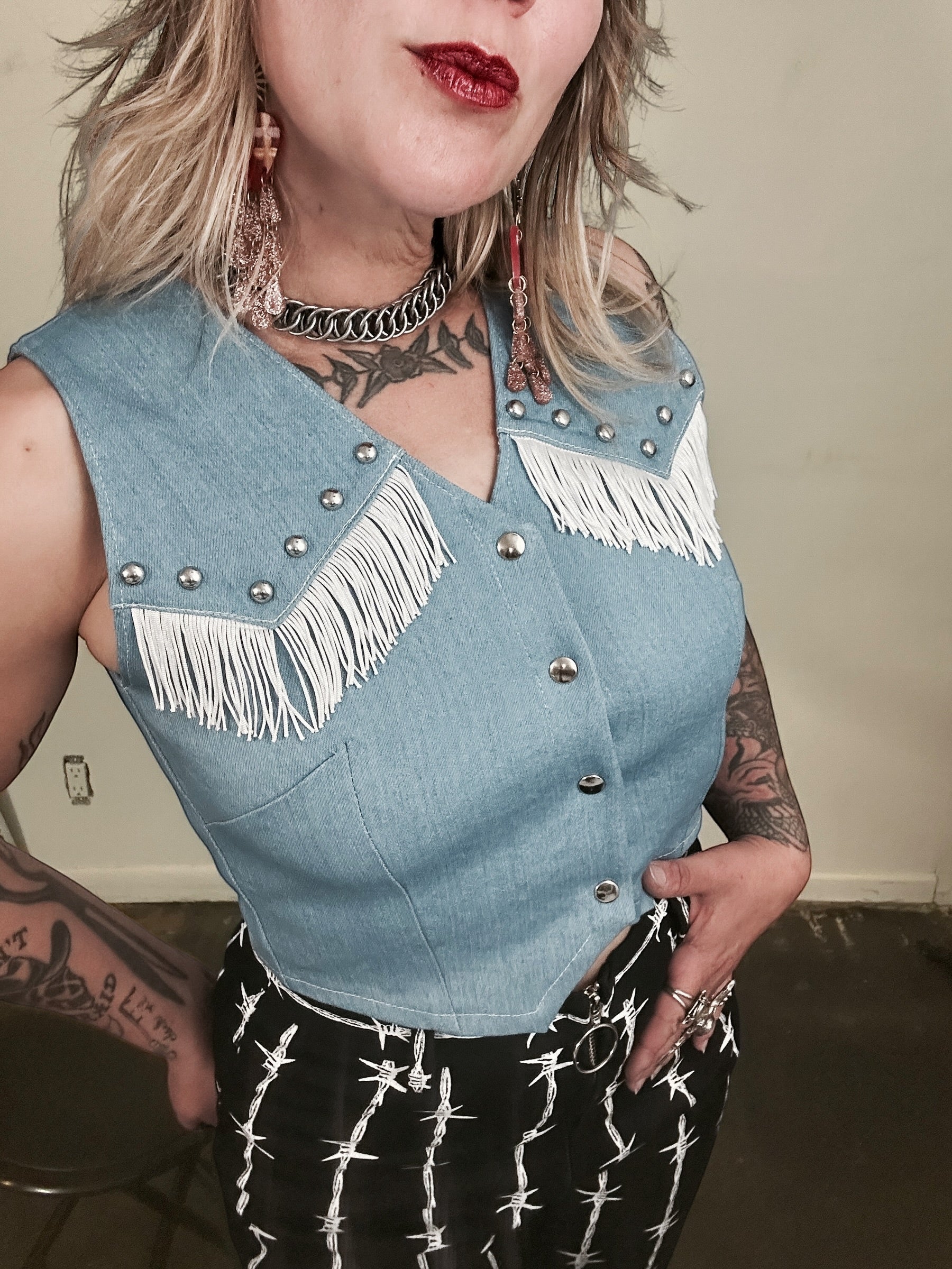 Blue Denim Fringe Studded Vest